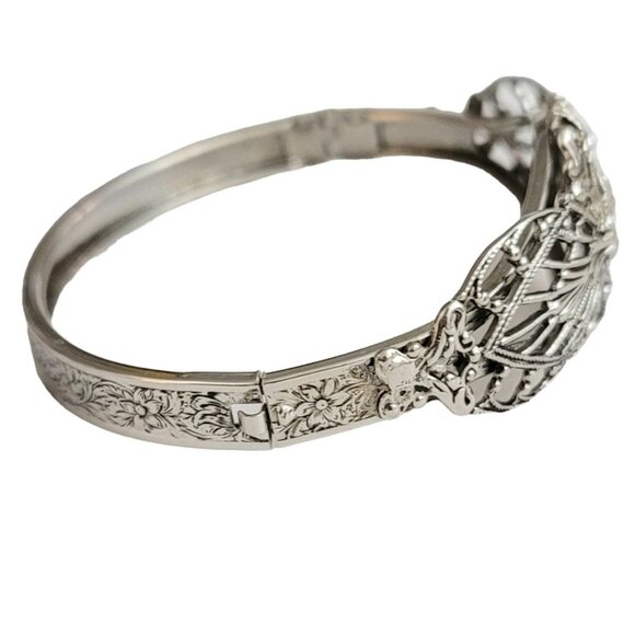 Silver Tone Filigree Victorian Style Tongue Clasp Bangle Bracelet - Picture 5 of 12